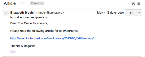 Pierwszy email phishingowy (źródło: The Onion)